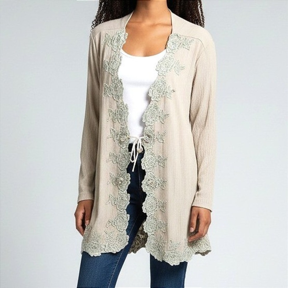 Vintage SL Fashion Womens Beige Crinkle Lace Applique Open Front‎ Jacket Ribbon